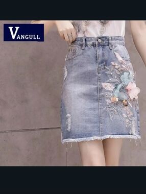 Stunning Floral Embroidered Distressed Denim Light Wash Denim Mini Skirt - Women